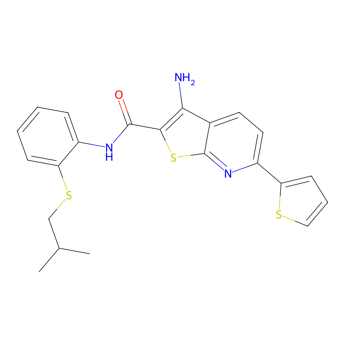 3-amino-N-[2-(2-methylpropylsulfanyl)phenyl]-6-thiophen-2-ylthieno[2,3-b]pyridine-2-carboxamide molecular structure, CAS 445267-07-2