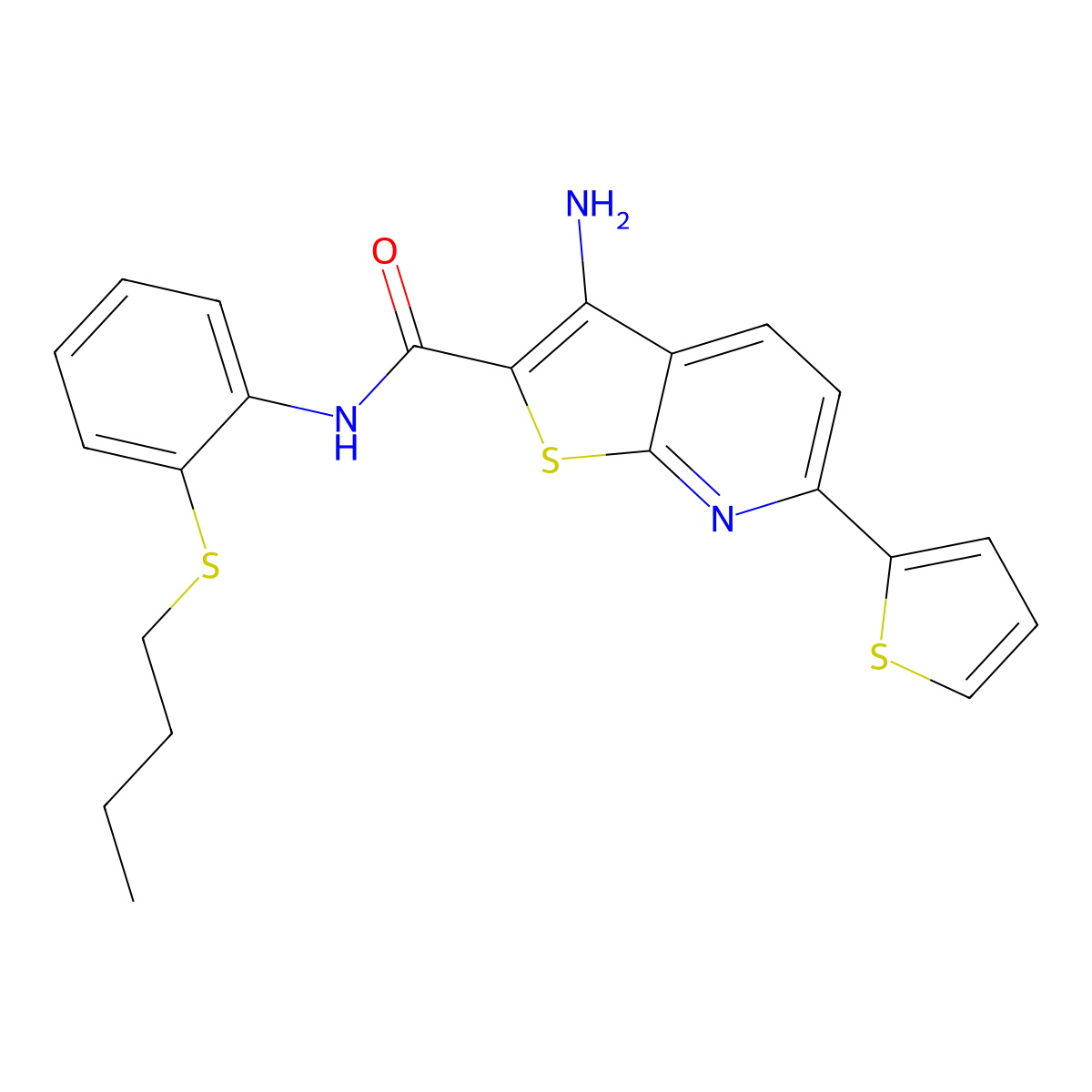3-amino-N-(2-butylsulfanylphenyl)-6-thiophen-2-ylthieno[2,3-b]pyridine-2-carboxamide molecular structure, CAS 445267-11-8