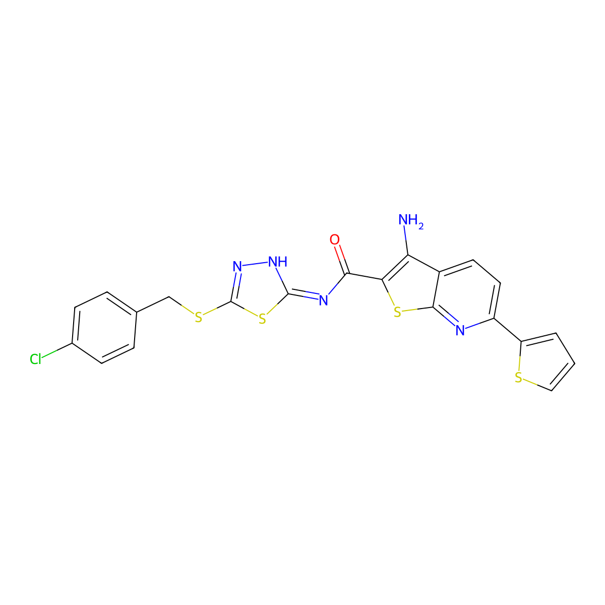 3-amino-N-[5-[(4-chlorophenyl)methylsulfanyl]-1,3,4-thiadiazol-2-yl]-6-thiophen-2-ylthieno[2,3-b]pyridine-2-carboxamide molecular structure, CAS 445267-12-9