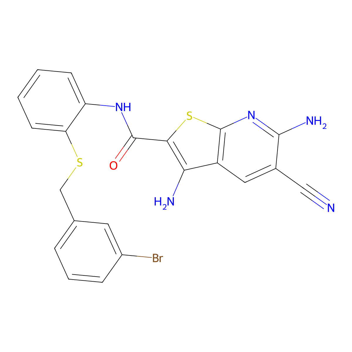 3,6-diamino-N-[2-[(3-bromophenyl)methylsulfanyl]phenyl]-5-cyanothieno[2,3-b]pyridine-2-carboxamide molecular structure, CAS 445267-29-8