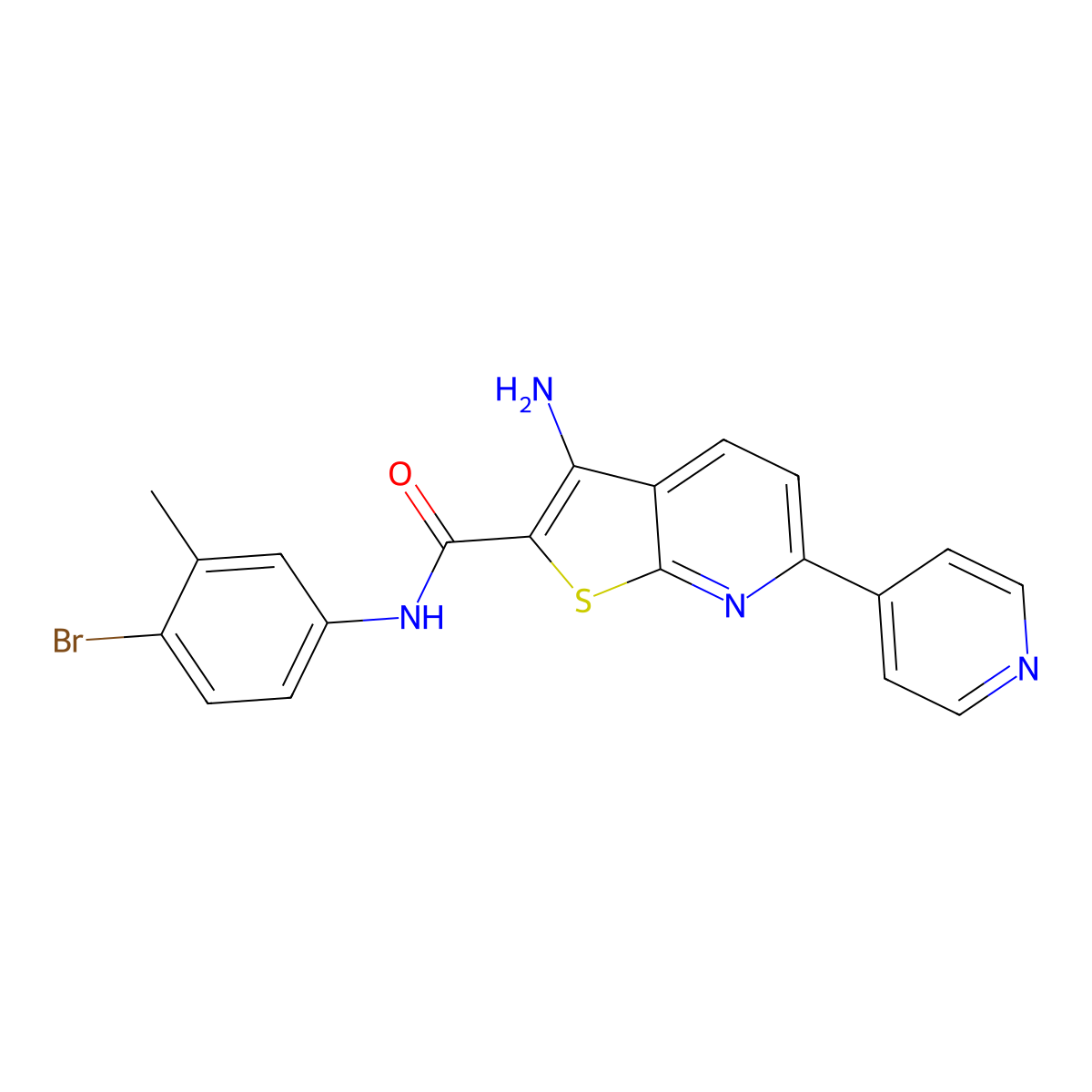 3-amino-N-(4-bromo-3-methylphenyl)-6-(pyridin-4-yl)thieno[2,3-b]pyridine-2-carboxamide molecular structure, CAS 445267-33-4