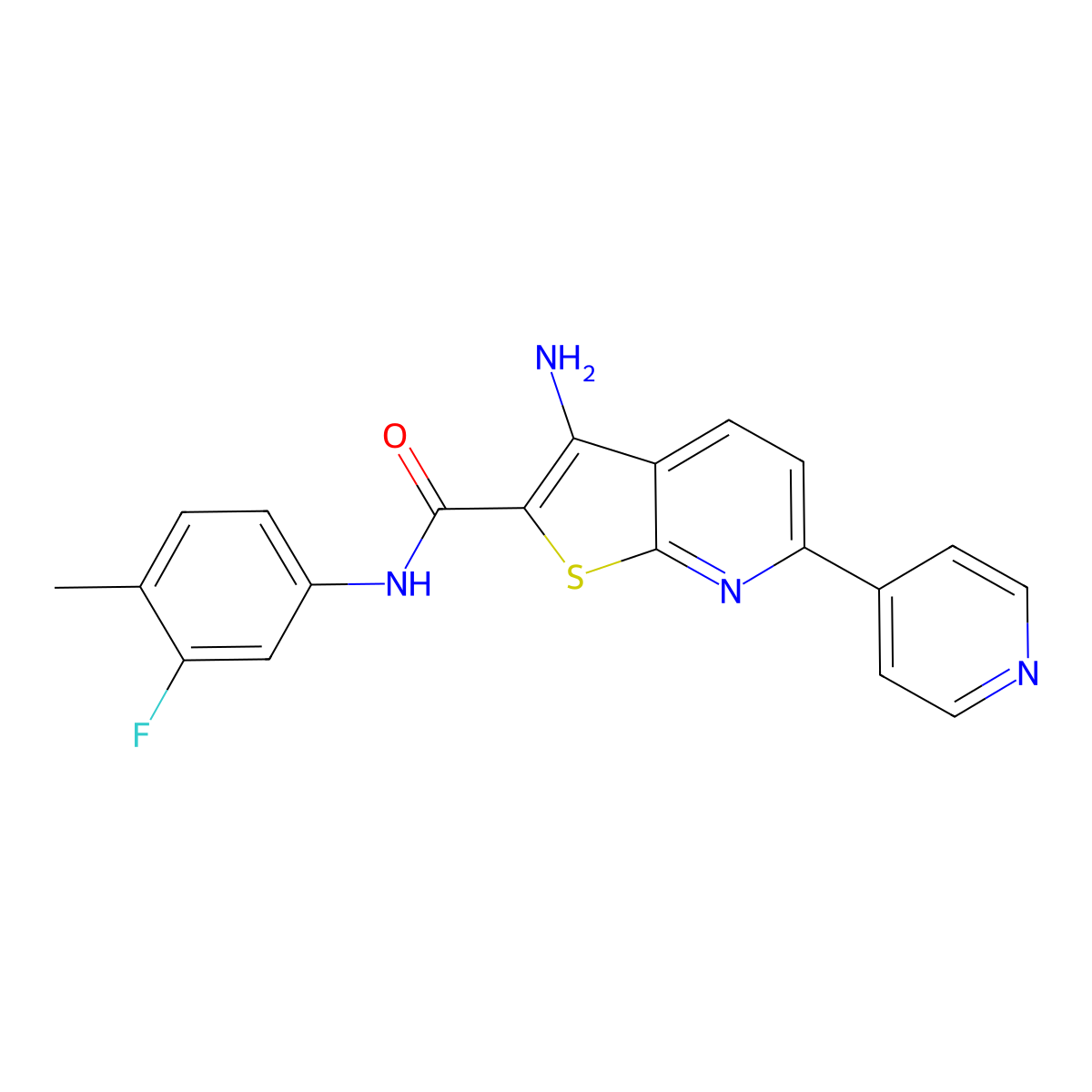 3-amino-N-(3-fluoro-4-methylphenyl)-6-(4-pyridinyl)thieno[2,3-b]pyridine-2-carboxamide molecular structure, CAS 445267-37-8