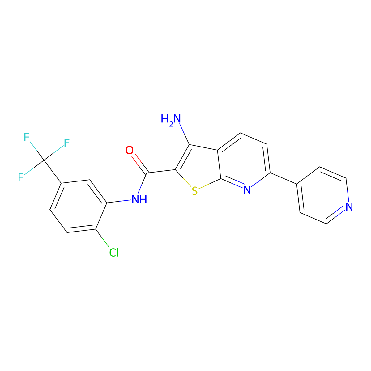3-amino-N-[2-chloro-5-(trifluoromethyl)phenyl]-6-pyridin-4-ylthieno[2,3-b]pyridine-2-carboxamide molecular structure, CAS 445267-43-6