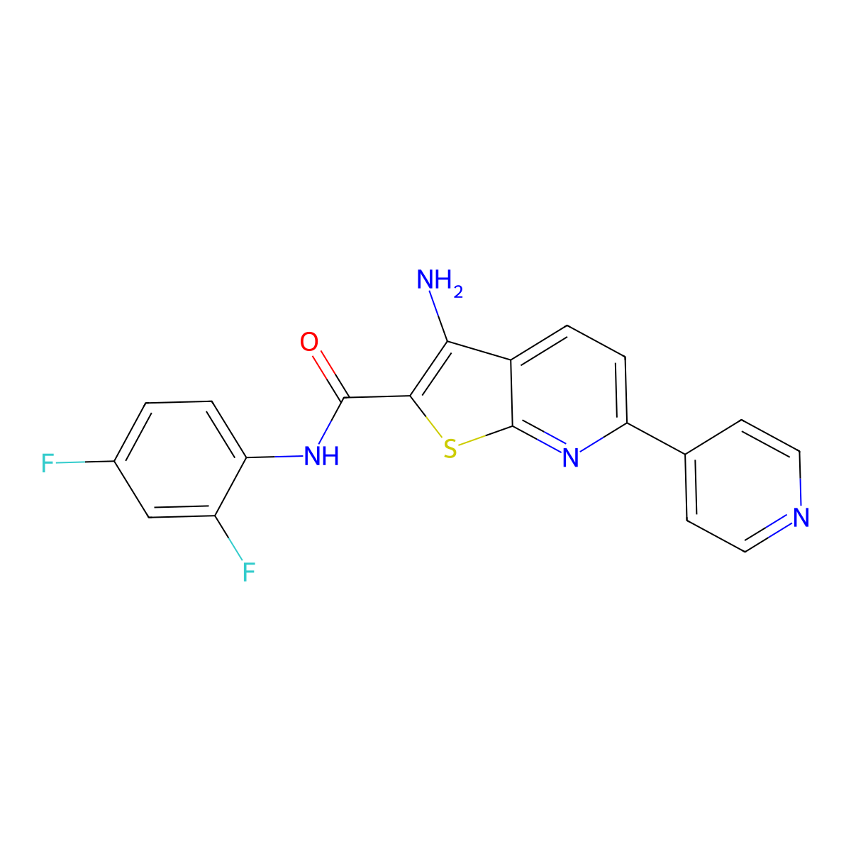 3-amino-N-(2,4-difluorophenyl)-6-(4-pyridinyl)thieno[2,3-b]pyridine-2-carboxamide molecular structure, CAS 445267-45-8