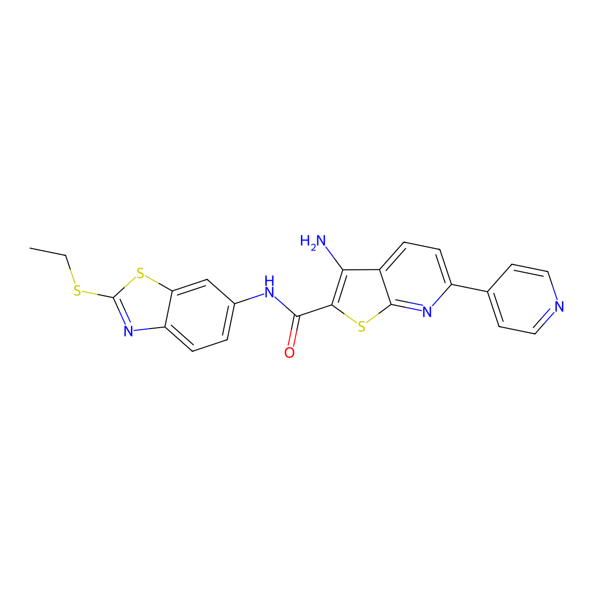 3-amino-N-[2-(ethylsulfanyl)-1,3-benzothiazol-6-yl]-6-(pyridin-4-yl)thieno[2,3-b]pyridine-2-carboxamide molecular structure, CAS 445267-52-7