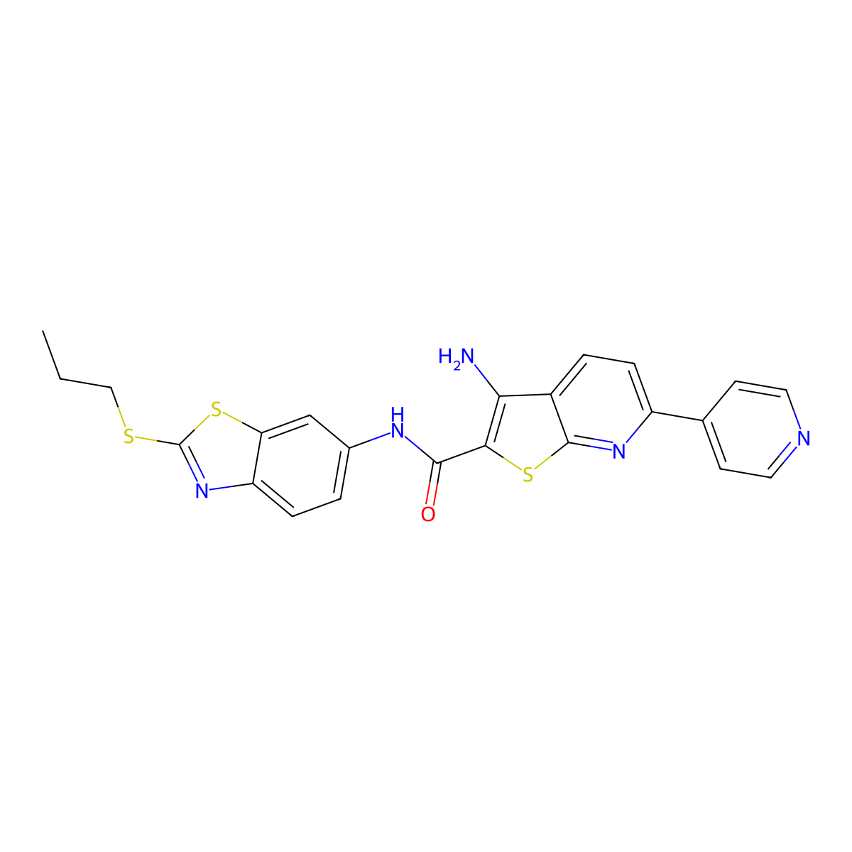 3-amino-N-[2-(propylsulfanyl)-1,3-benzothiazol-6-yl]-6-(pyridin-4-yl)thieno[2,3-b]pyridine-2-carboxamide molecular structure, CAS 445267-53-8