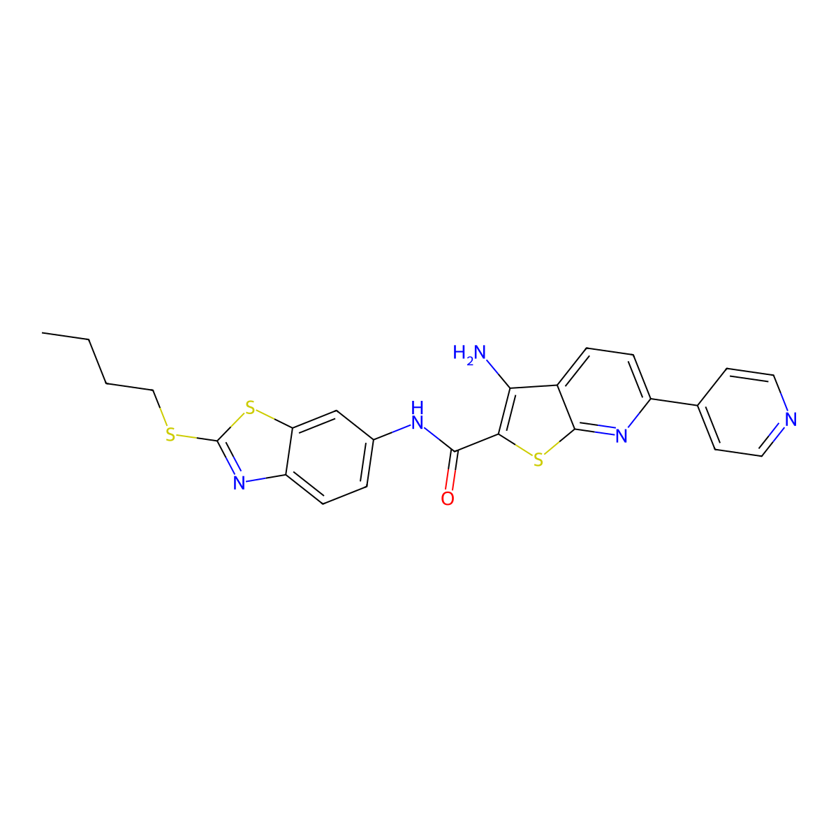 3-amino-N-[2-(butylsulfanyl)-1,3-benzothiazol-6-yl]-6-(4-pyridinyl)thieno[2,3-b]pyridine-2-carboxamide molecular structure, CAS 445267-55-0