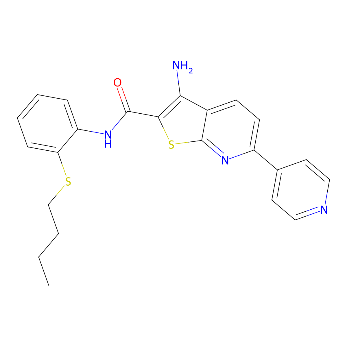 3-amino-N-(2-butylsulfanylphenyl)-6-pyridin-4-ylthieno[2,3-b]pyridine-2-carboxamide molecular structure, CAS 445267-59-4