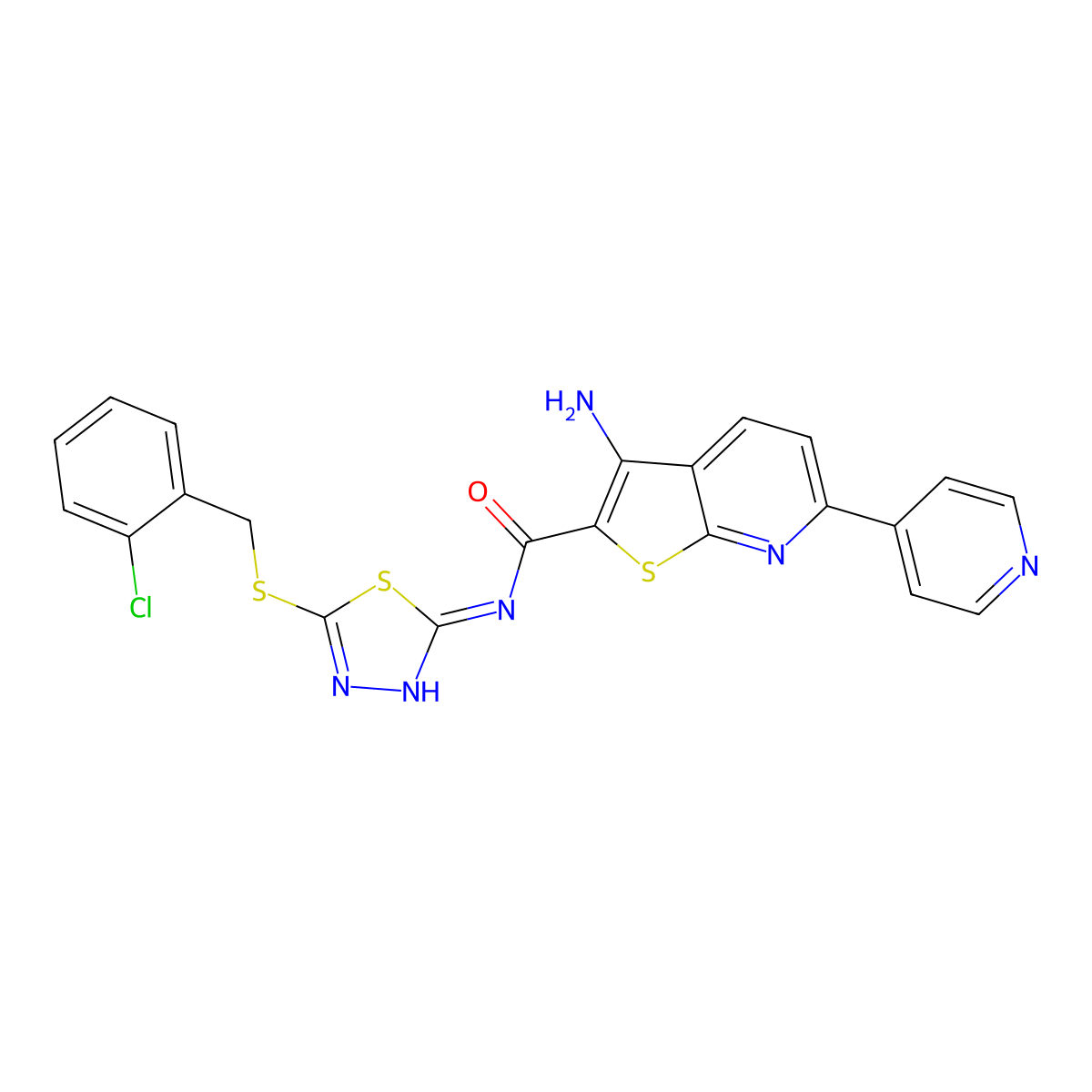 3-amino-N-{5-[(2-chlorobenzyl)sulfanyl]-1,3,4-thiadiazol-2-yl}-6-(4-pyridinyl)thieno[2,3-b]pyridine-2-carboxamide molecular structure, CAS 445267-60-7
