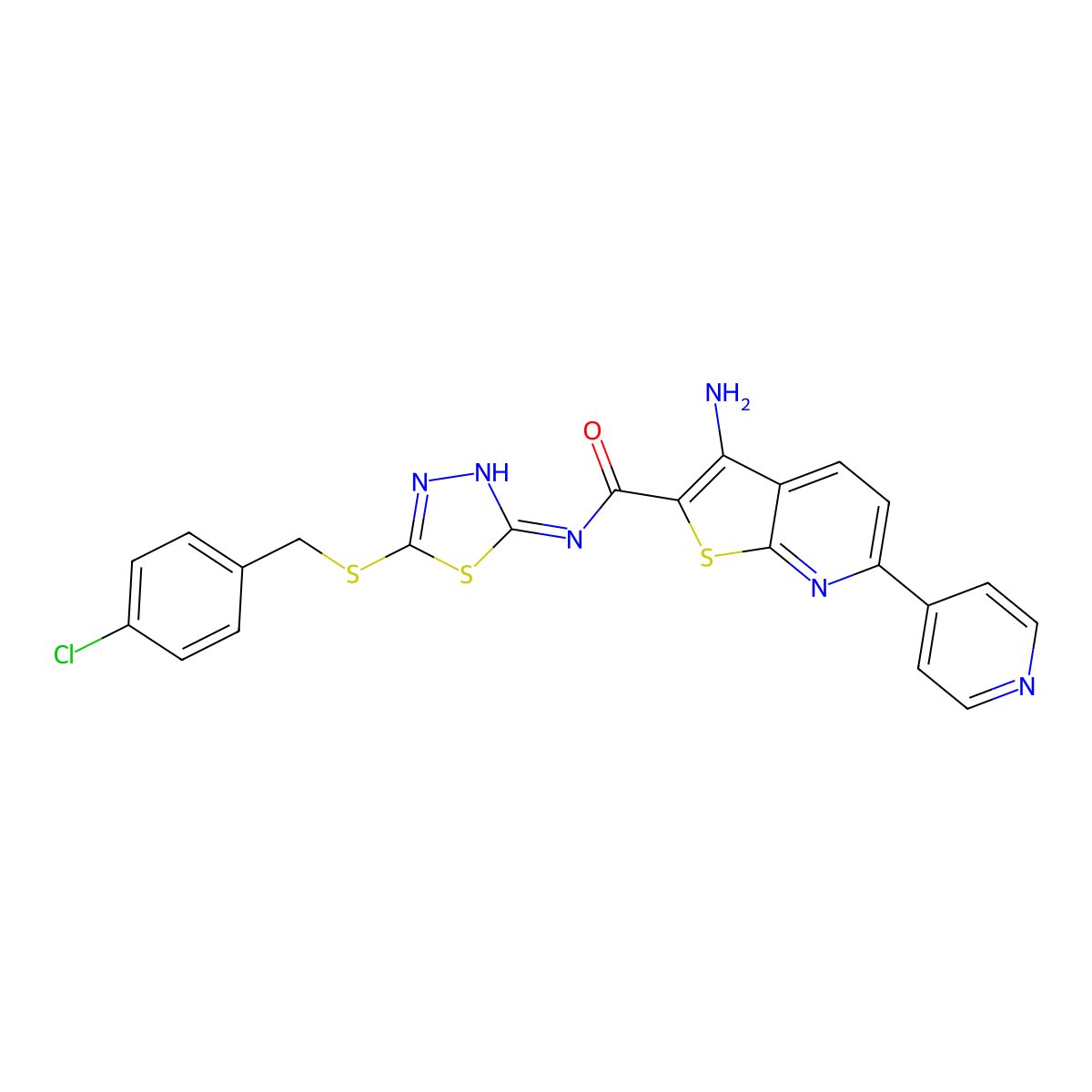 3-amino-N-{5-[(4-chlorobenzyl)sulfanyl]-1,3,4-thiadiazol-2-yl}-6-(4-pyridinyl)thieno[2,3-b]pyridine-2-carboxamide molecular structure, CAS 445267-61-8