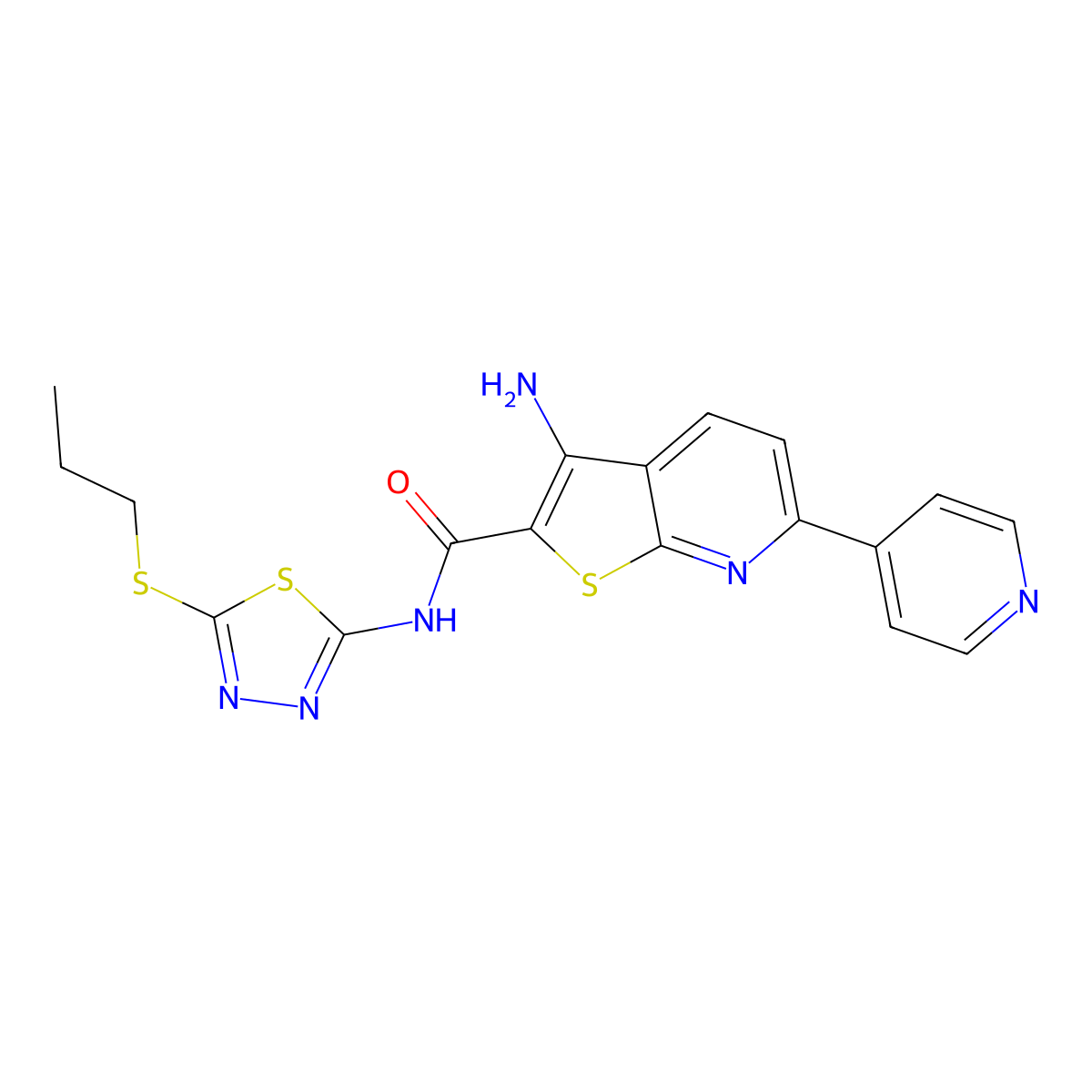 3-amino-N-[5-(propylsulfanyl)-1,3,4-thiadiazol-2-yl]-6-(4-pyridinyl)thieno[2,3-b]pyridine-2-carboxamide molecular structure, CAS 445267-62-9
