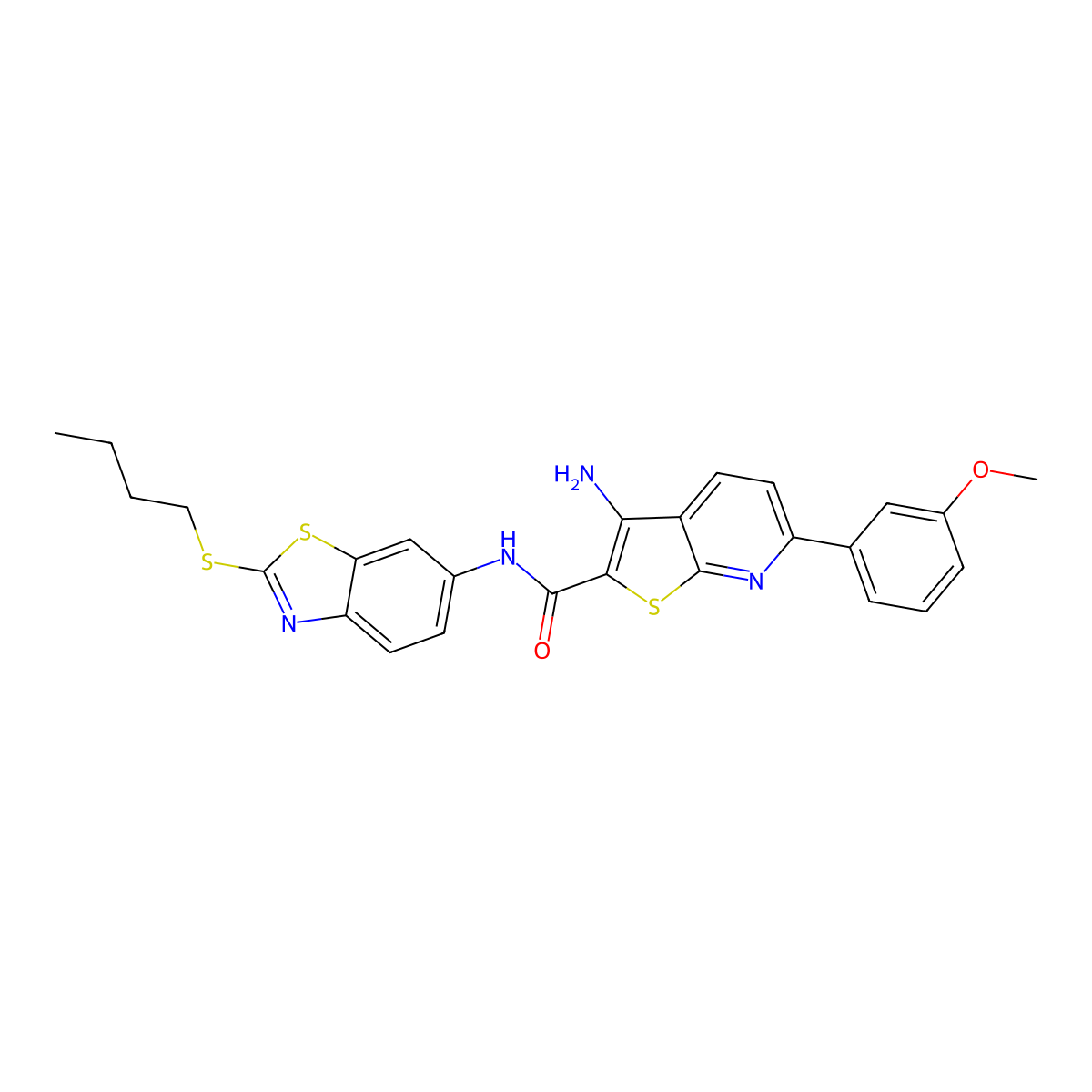 3-amino-N-(2-butylsulfanyl-1,3-benzothiazol-6-yl)-6-(3-methoxyphenyl)thieno[2,3-b]pyridine-2-carboxamide molecular structure, CAS 445267-93-6