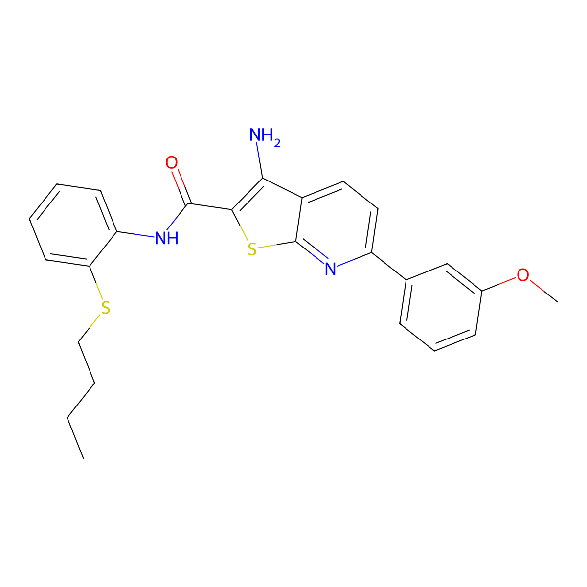 3-amino-N-(2-butylsulfanylphenyl)-6-(3-methoxyphenyl)thieno[2,3-b]pyridine-2-carboxamide molecular structure, CAS 445267-95-8