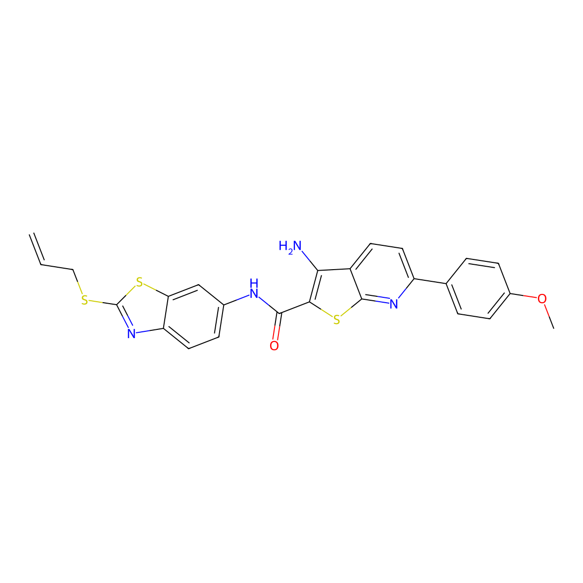 3-amino-6-(4-methoxyphenyl)-N-(2-prop-2-enylsulfanyl-1,3-benzothiazol-6-yl)thieno[2,3-b]pyridine-2-carboxamide molecular structure, CAS 445268-72-4