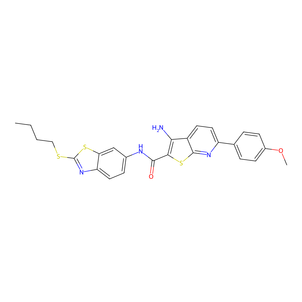 3-amino-N-(2-butylsulfanyl-1,3-benzothiazol-6-yl)-6-(4-methoxyphenyl)thieno[2,3-b]pyridine-2-carboxamide molecular structure, CAS 445268-73-5