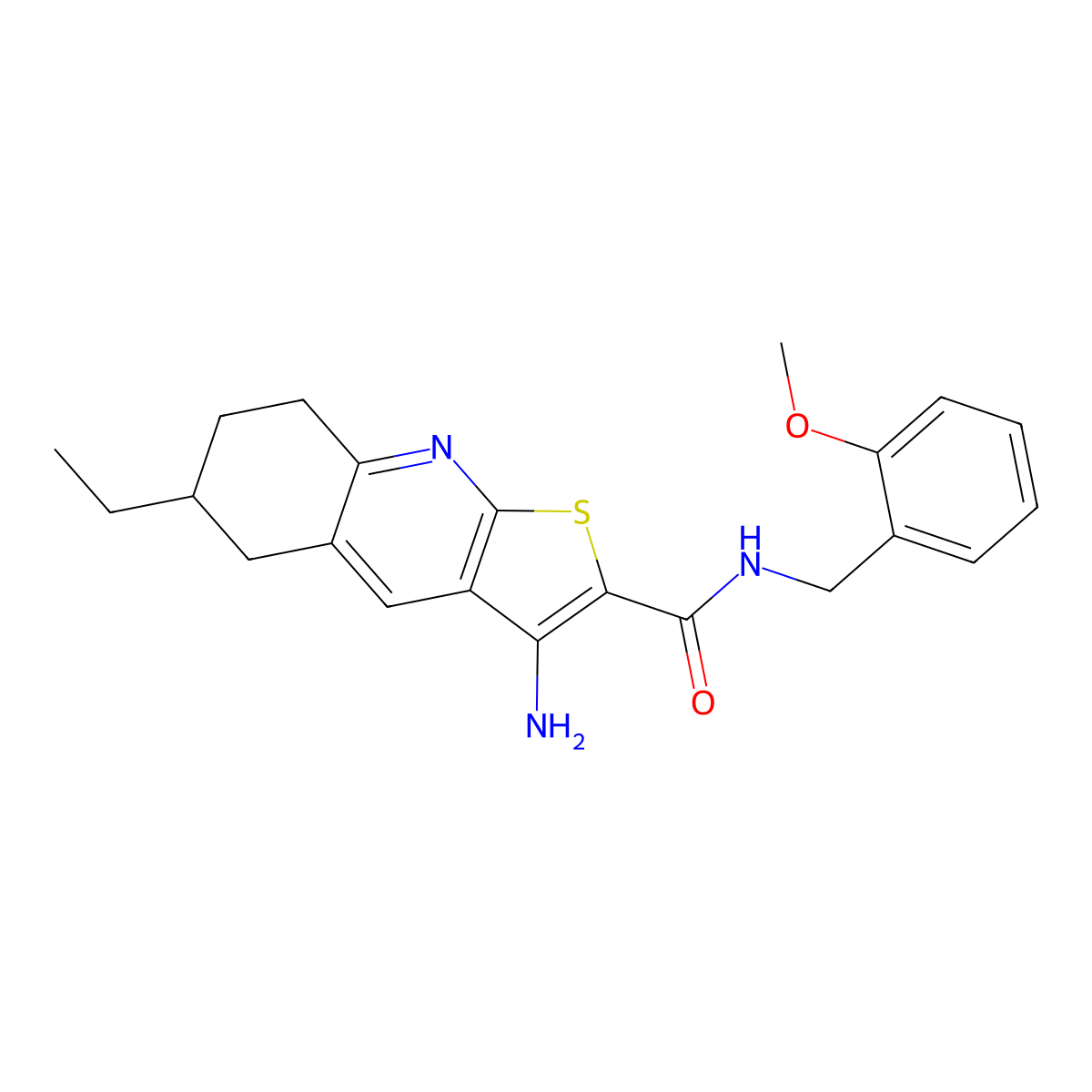 3-amino-6-ethyl-N-(2-methoxybenzyl)-5,6,7,8-tetrahydrothieno[2,3-b]quinoline-2-carboxamide molecular structure, CAS 445268-91-7