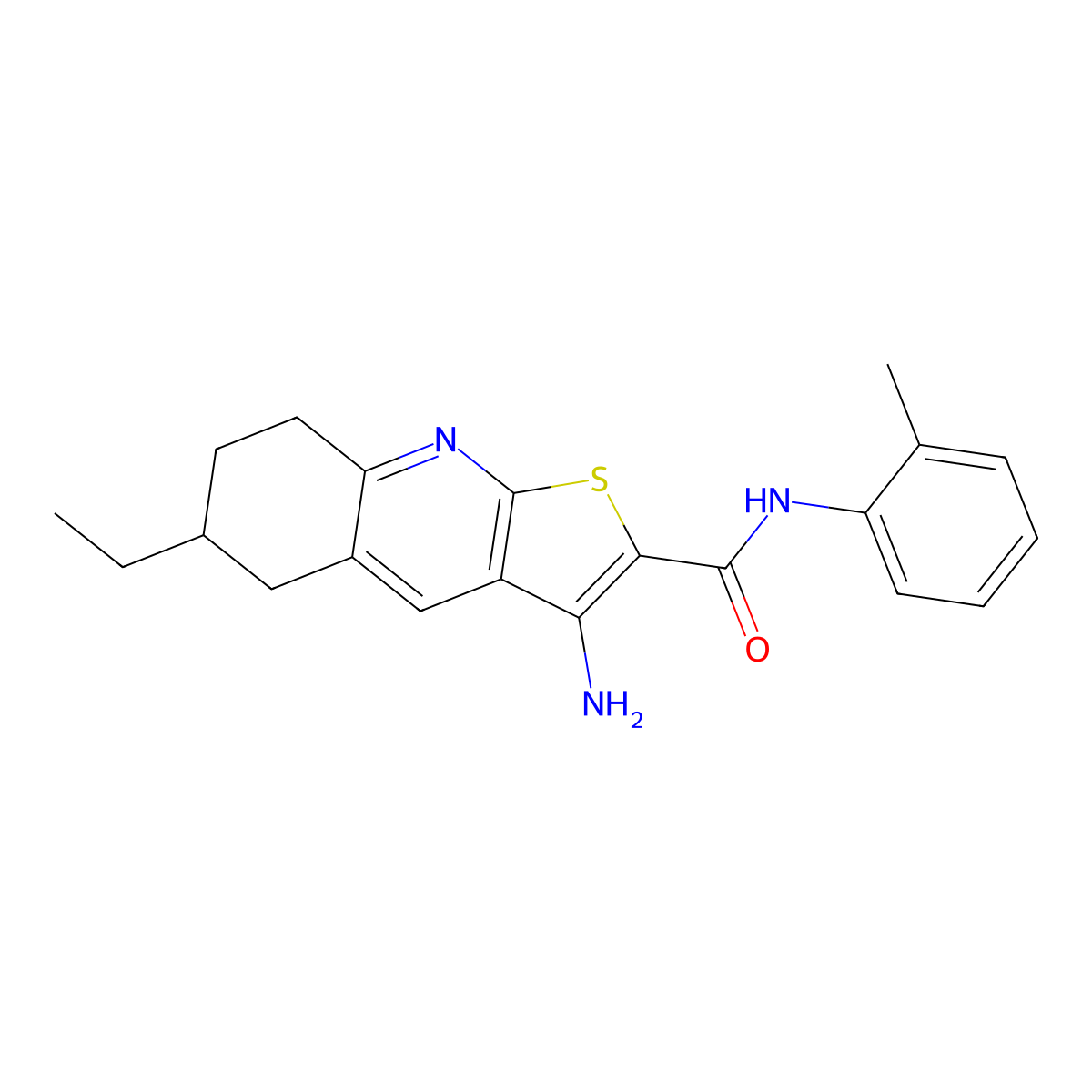 3-amino-6-ethyl-N-(2-methylphenyl)-5,6,7,8-tetrahydrothieno[2,3-b]quinoline-2-carboxamide molecular structure, CAS 445268-95-1