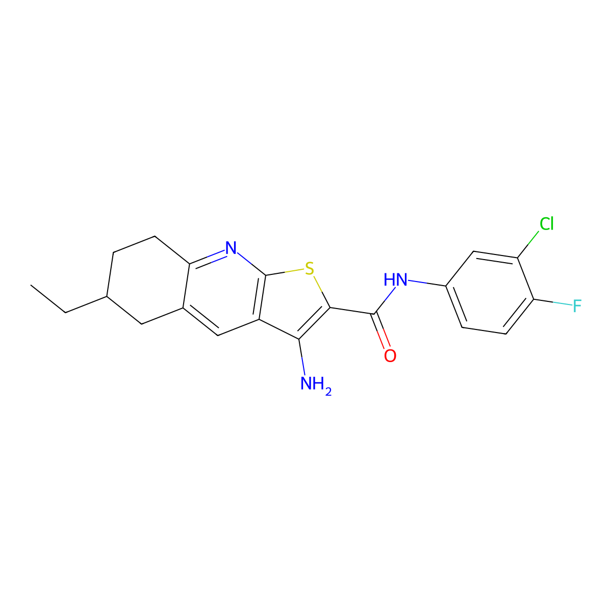 3-amino-N-(3-chloro-4-fluorophenyl)-6-ethyl-5,6,7,8-tetrahydrothieno[2,3-b]quinoline-2-carboxamide molecular structure, CAS 445269-00-1
