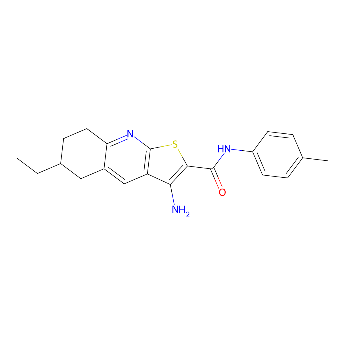 3-amino-6-ethyl-N-(4-methylphenyl)-5,6,7,8-tetrahydrothieno[2,3-b]quinoline-2-carboxamide molecular structure, CAS 445269-01-2