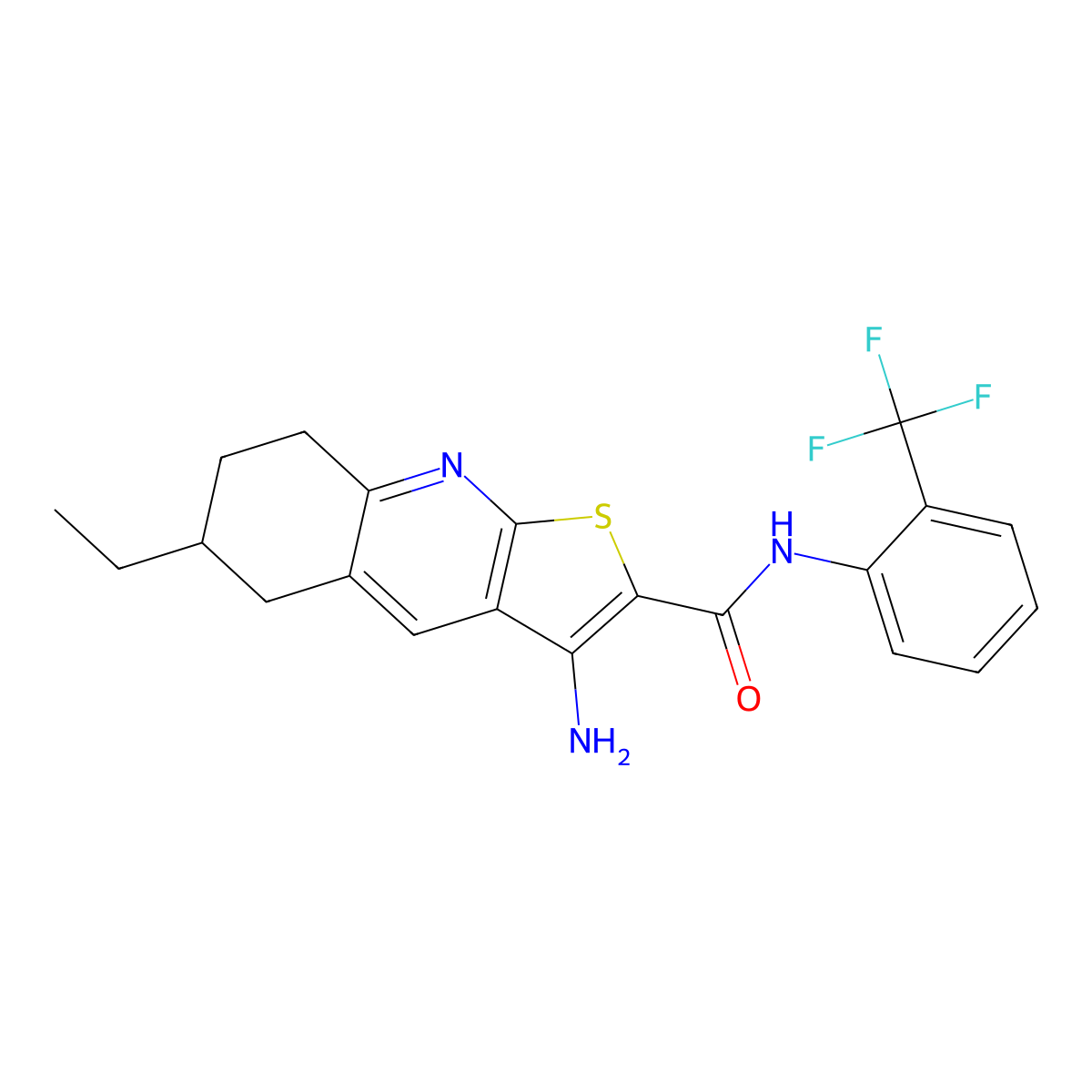 3-amino-6-ethyl-N-[2-(trifluoromethyl)phenyl]-5,6,7,8-tetrahydrothieno[2,3-b]quinoline-2-carboxamide molecular structure, CAS 445269-05-6
