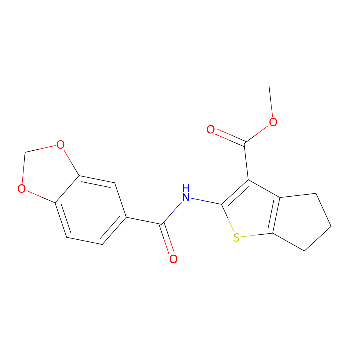 methyl 2-[(1,3-benzodioxol-5-ylcarbonyl)amino]-5,6-dihydro-4H-cyclopenta[b]thiophene-3-carboxylate molecular structure, CAS 445284-37-7