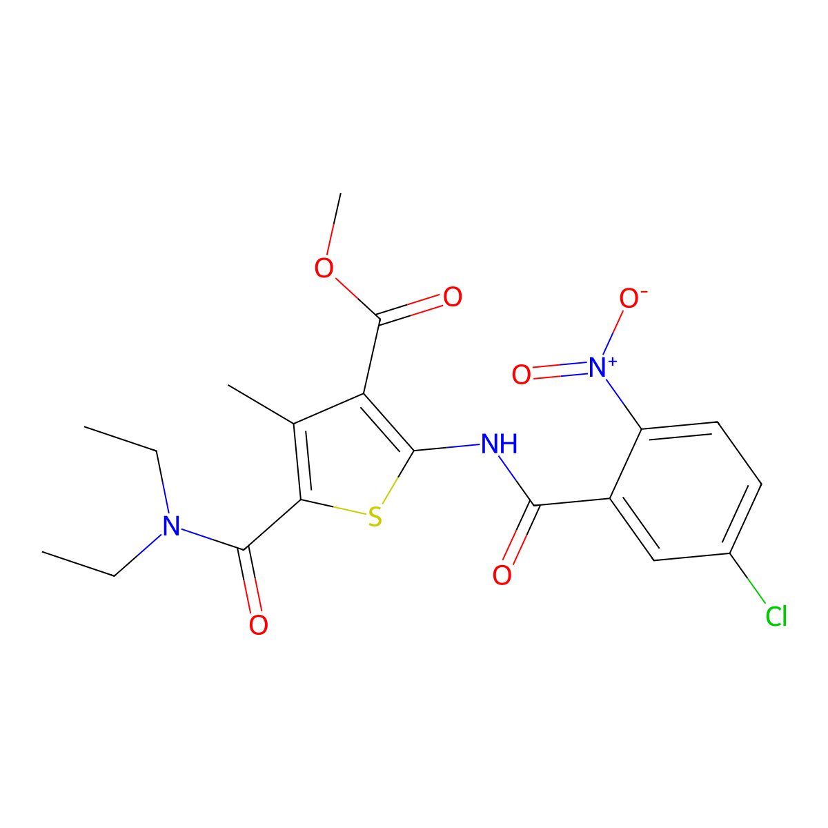 Methyl 2-[(5-chloro-2-nitrobenzoyl)amino]-5-(diethylcarbamoyl)-4-methylthiophene-3-carboxylate molecular structure, CAS 445285-64-3