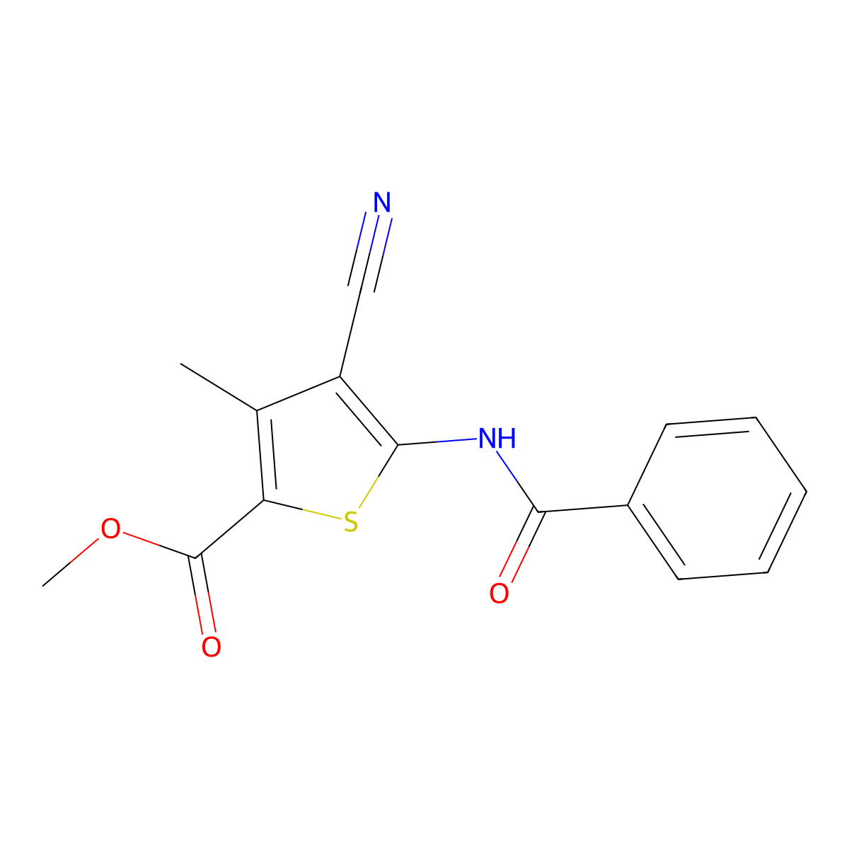 Methyl 5-benzamido-4-cyano-3-methylthiophene-2-carboxylate molecular structure, CAS 445288-03-9