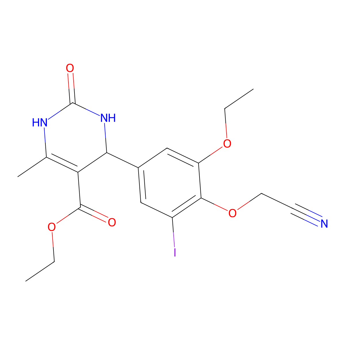 Ethyl 4-[4-(cyanomethoxy)-3-ethoxy-5-iodophenyl]-6-methyl-2-oxo-1,2,3,4-tetrahydro-5-pyrimidinecarboxylate molecular structure, CAS 445288-41-5