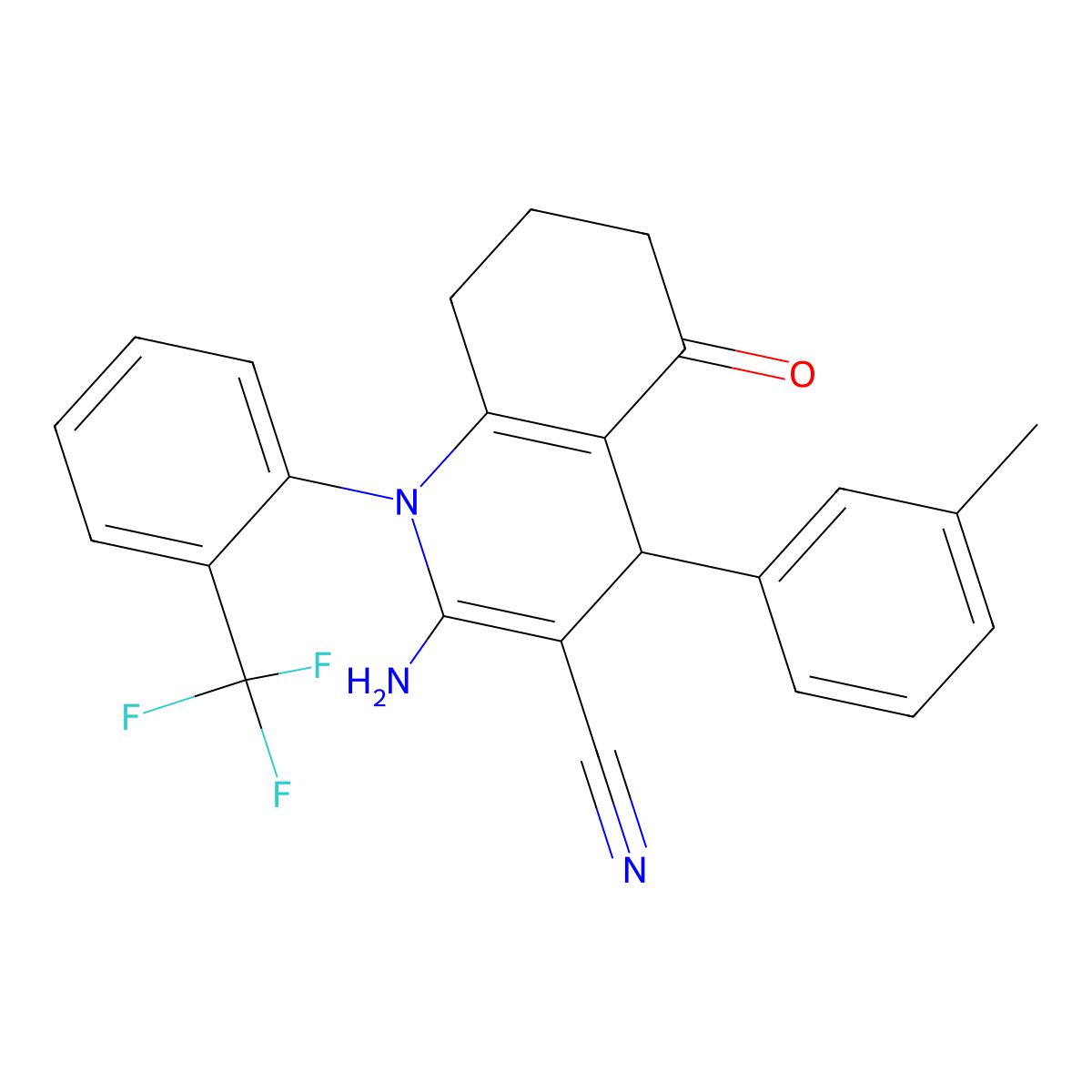 2-Amino-4-(3-methylphenyl)-5-oxo-1-[2-(trifluoromethyl)phenyl]-4,6,7,8-tetrahydroquinoline-3-carbonitrile molecular structure, CAS 445288-72-2