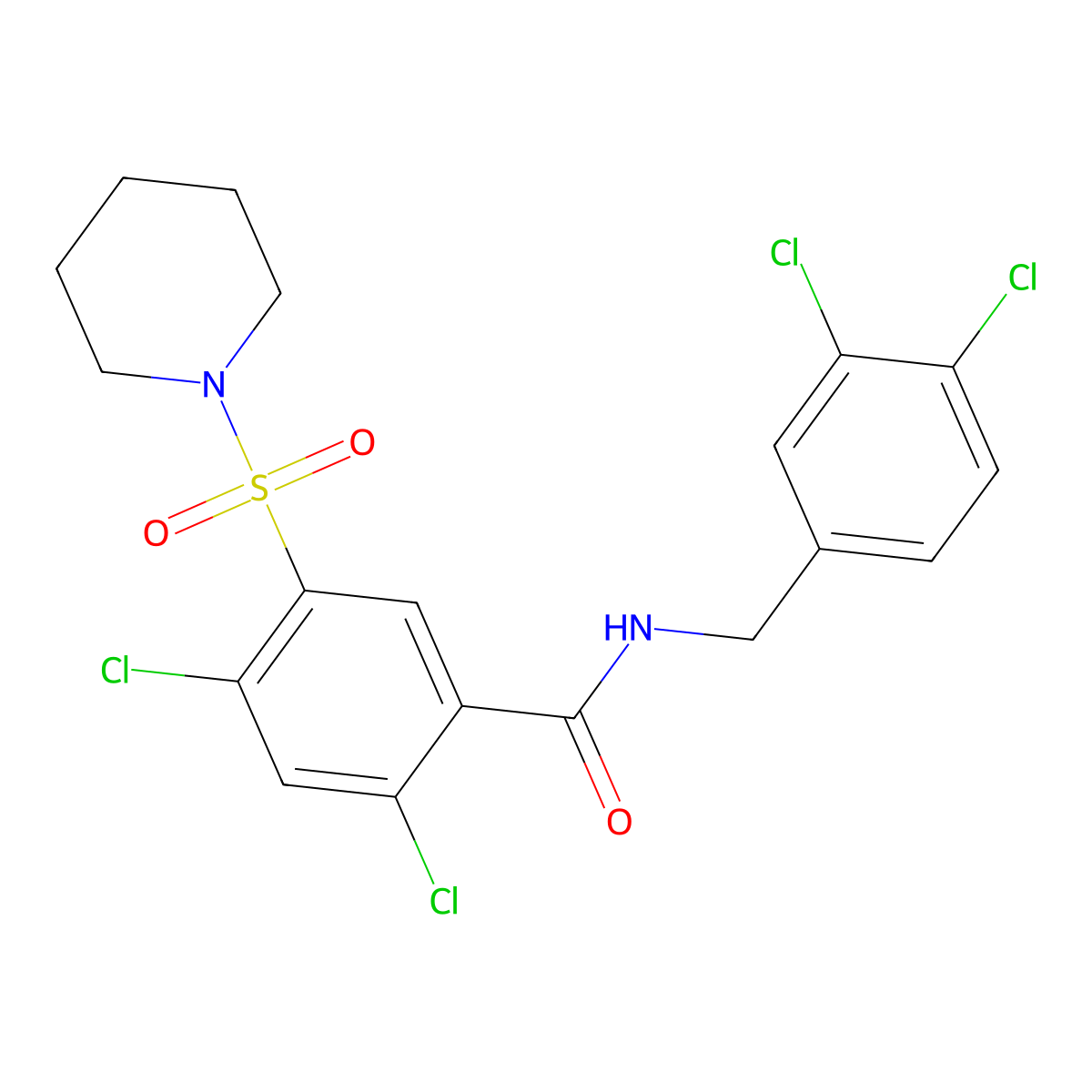 2,4-dichloro-N-(3,4-dichlorobenzyl)-5-(1-piperidinylsulfonyl)benzamide molecular structure, CAS 445288-79-9