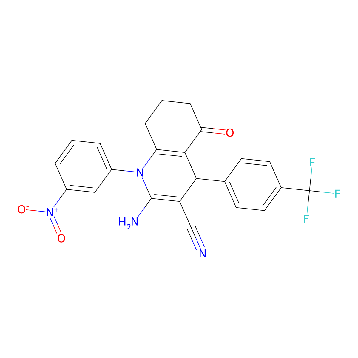 2-Amino-1-(3-nitrophenyl)-5-oxo-4-[4-(trifluoromethyl)phenyl]-4,6,7,8-tetrahydroquinoline-3-carbonitrile molecular structure, CAS 445288-86-8