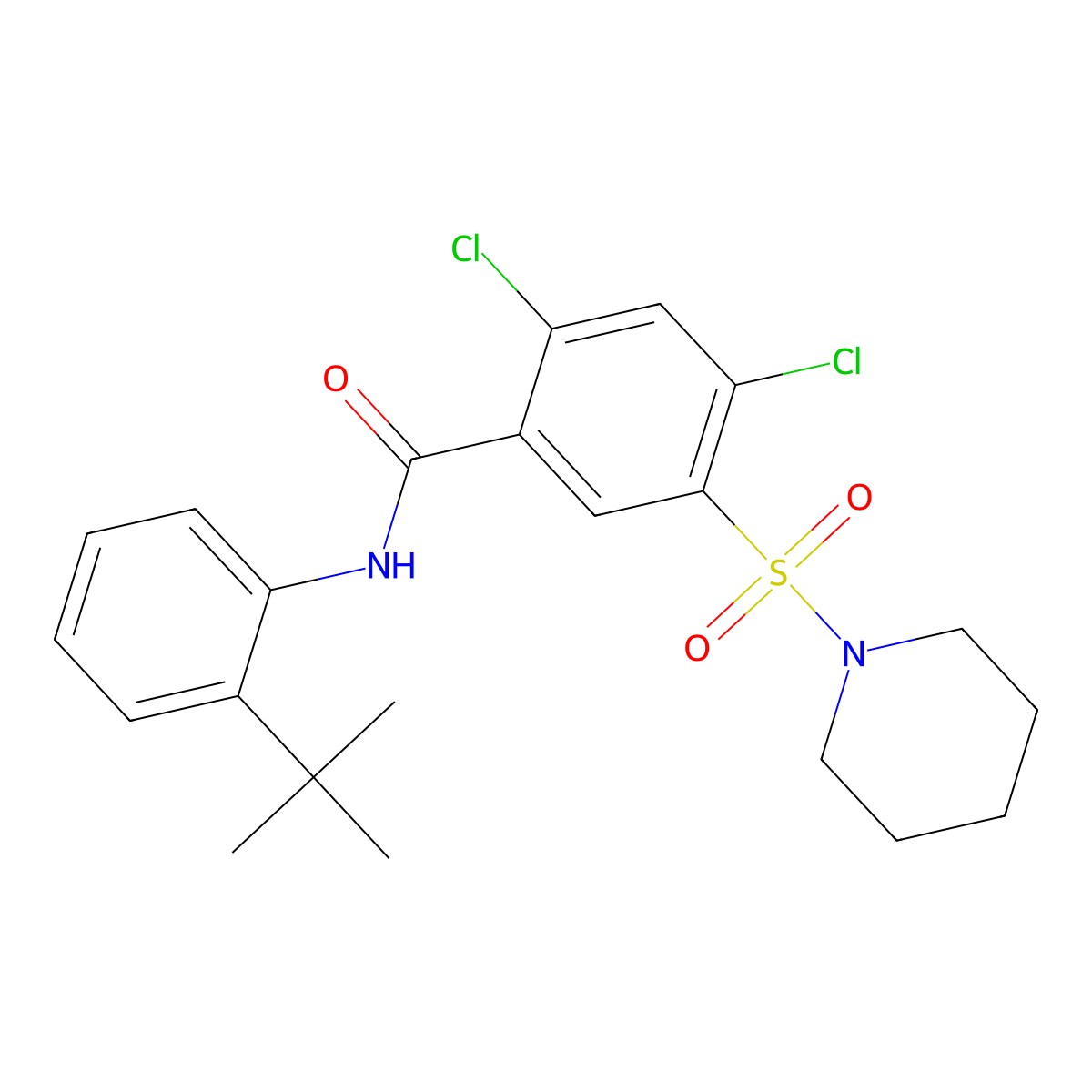 N-(2-tert-butylphenyl)-2,4-dichloro-5-piperidin-1-ylsulfonylbenzamide molecular structure, CAS 445288-87-9