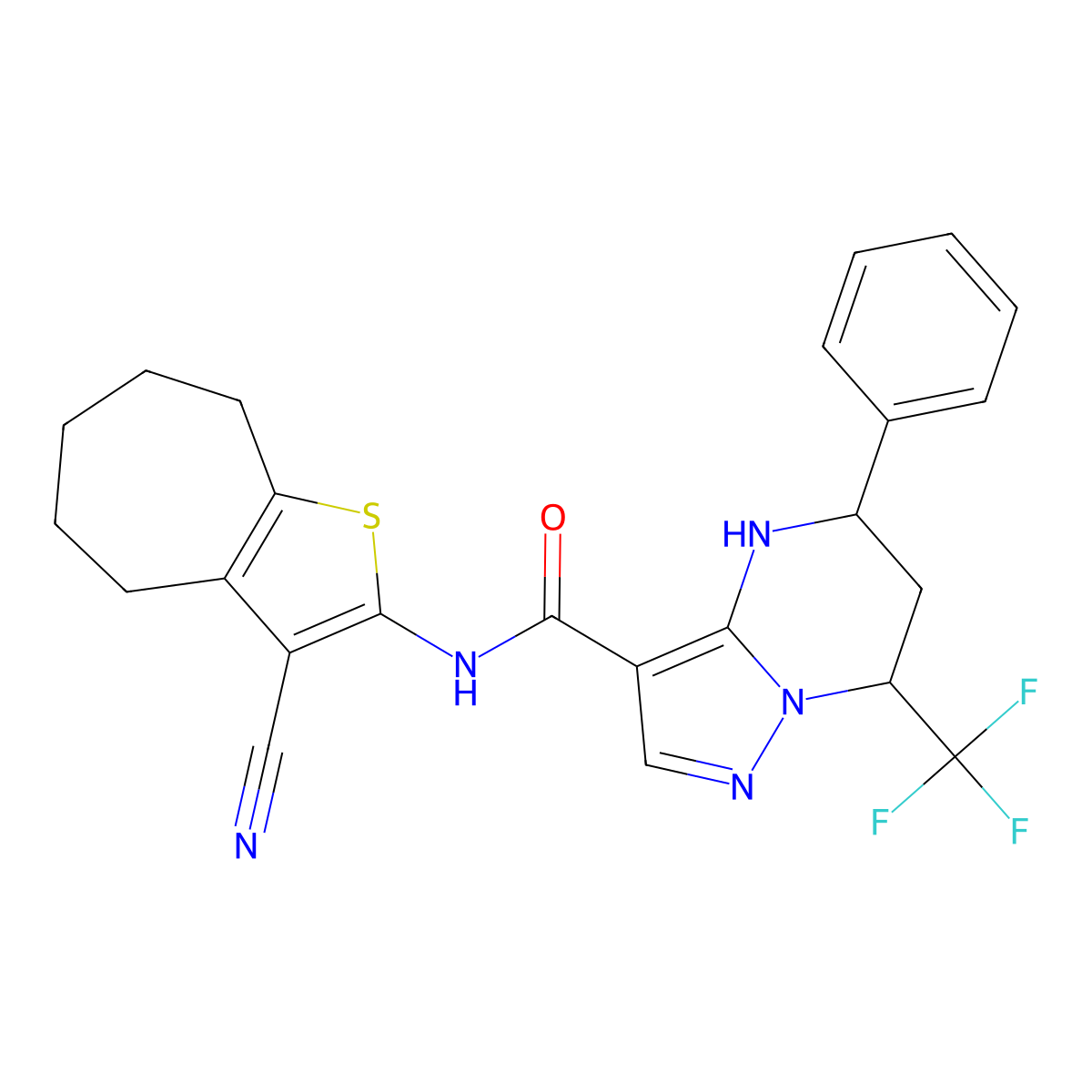 N-(3-cyano-5,6,7,8-tetrahydro-4H-cyclohepta[b]thiophen-2-yl)-5-phenyl-7-(trifluoromethyl)-4,5,6,7-tetrahydropyrazolo[1,5-a]pyrimidine-3-carboxamide molecular structure, CAS 445289-01-0