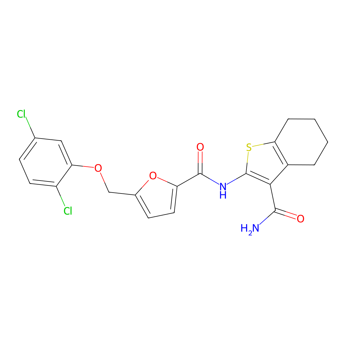 N-(3-carbamoyl-4,5,6,7-tetrahydro-1-benzothiophen-2-yl)-5-[(2,5-dichlorophenoxy)methyl]furan-2-carboxamide molecular structure, CAS 445289-02-1
