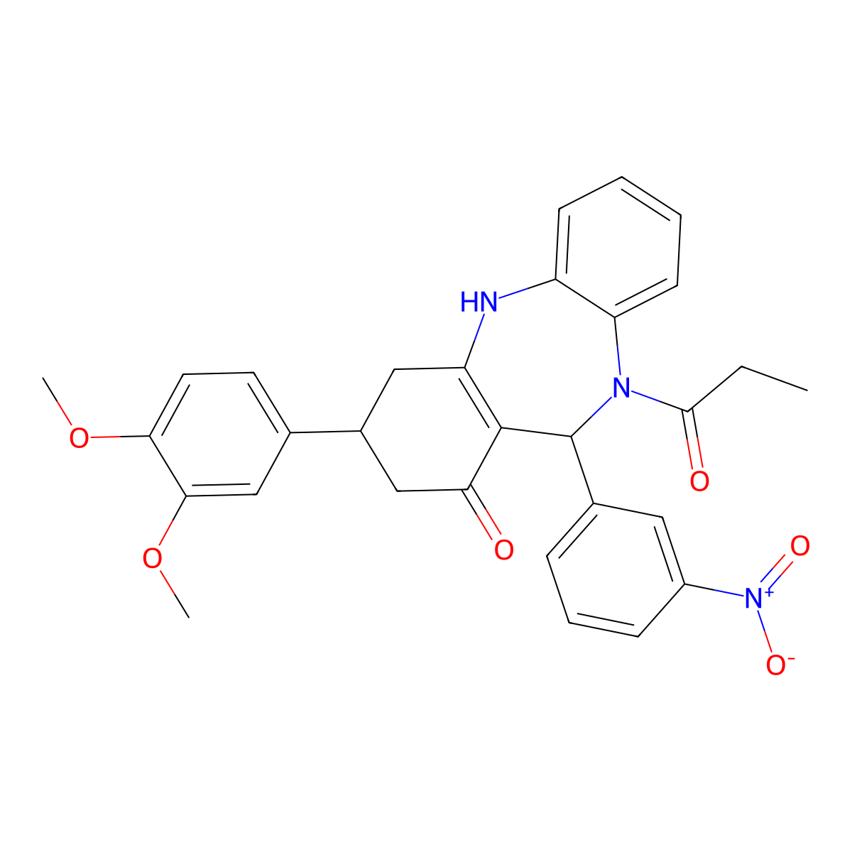 9-(3,4-dimethoxyphenyl)-6-(3-nitrophenyl)-5-propanoyl-8,9,10,11-tetrahydro-6H-benzo[b][1,4]benzodiazepin-7-one molecular structure, CAS 445289-03-2