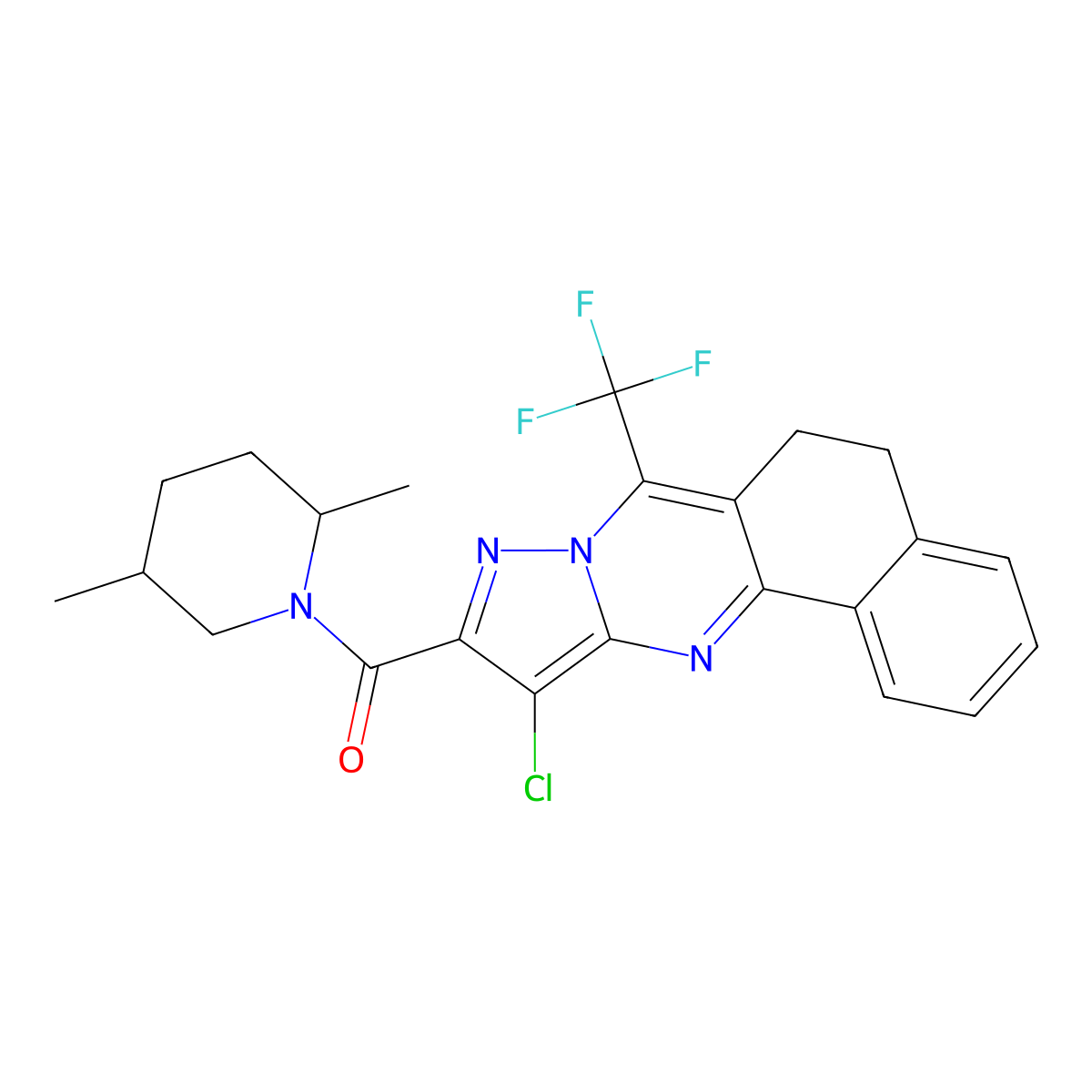 11-Chloro-10-[(2,5-dimethyl-1-piperidinyl)carbonyl]-7-(trifluoromethyl)-5,6-dihydrobenzo[h]pyrazolo[5,1-b]quinazoline molecular structure, CAS 445289-32-7