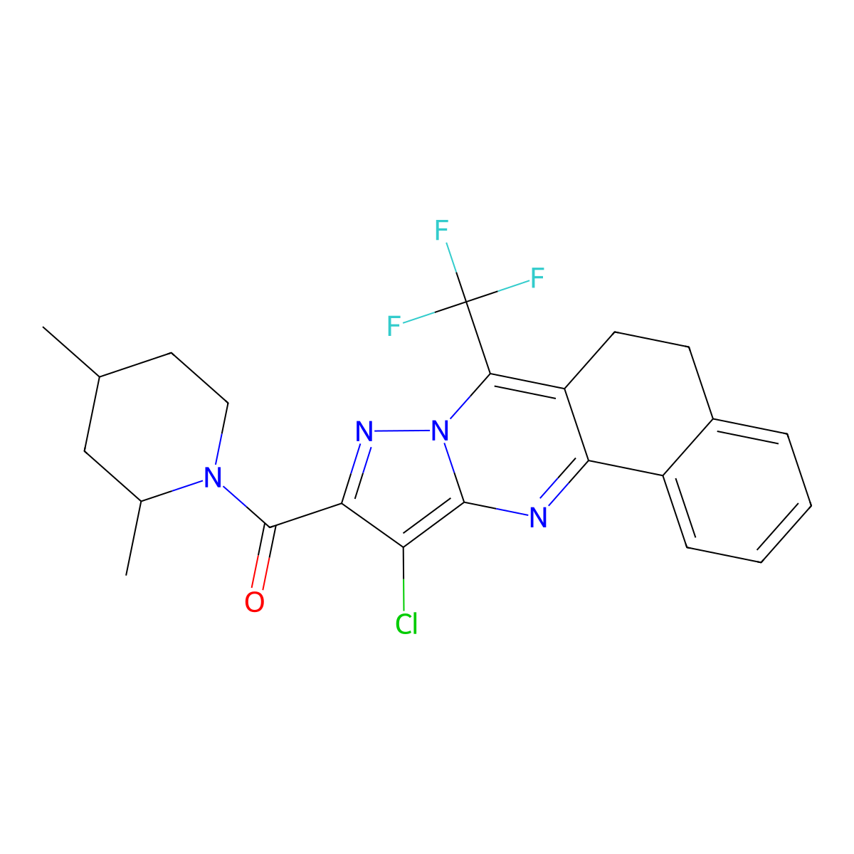 11-Chloro-10-[(2,4-dimethyl-1-piperidinyl)carbonyl]-7-(trifluoromethyl)-5,6-dihydrobenzo[h]pyrazolo[5,1-b]quinazoline molecular structure, CAS 445289-34-9
