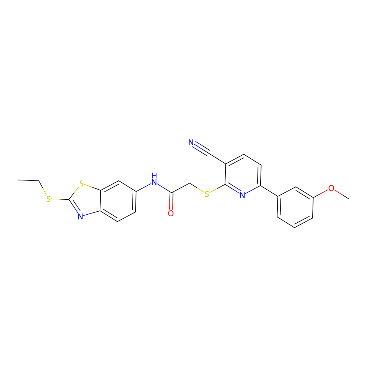 2-[3-cyano-6-(3-methoxyphenyl)pyridin-2-yl]sulfanyl-N-(2-ethylsulfanyl-1,3-benzothiazol-6-yl)acetamide molecular structure, CAS 445380-77-8