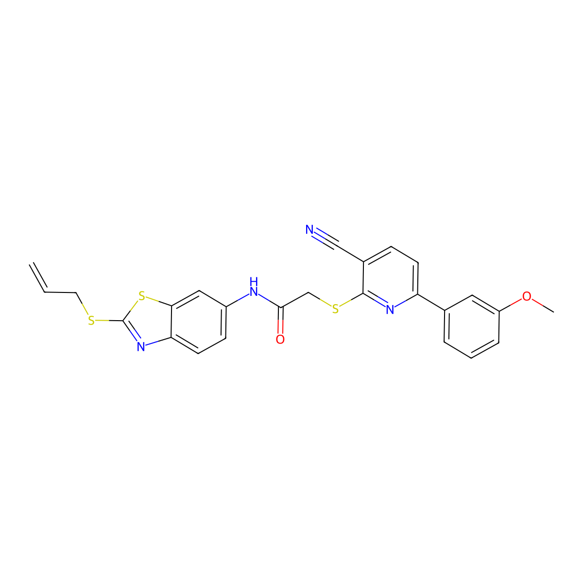 2-[3-cyano-6-(3-methoxyphenyl)pyridin-2-yl]sulfanyl-N-(2-prop-2-enylsulfanyl-1,3-benzothiazol-6-yl)acetamide molecular structure, CAS 445380-79-0