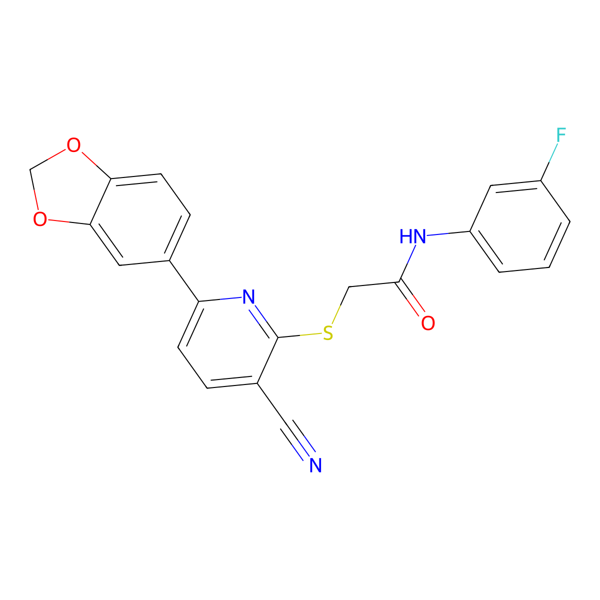 2-[6-(1,3-benzodioxol-5-yl)-3-cyanopyridin-2-yl]sulfanyl-N-(3-fluorophenyl)acetamide molecular structure, CAS 445380-91-6