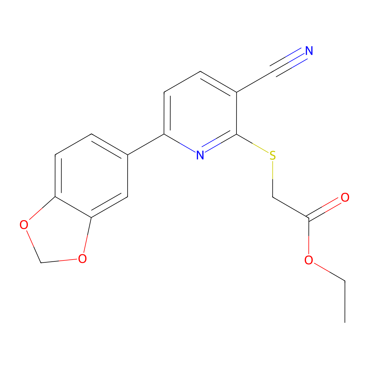 Ethyl 2-[6-(1,3-benzodioxol-5-yl)-3-cyanopyridin-2-yl]sulfanylacetate molecular structure, CAS 445380-92-7