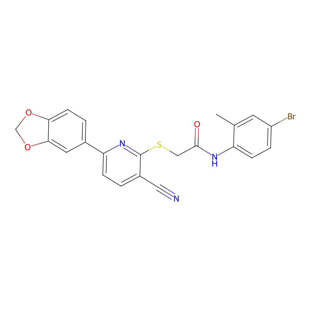 2-[6-(1,3-benzodioxol-5-yl)-3-cyanopyridin-2-yl]sulfanyl-N-(4-bromo-2-methylphenyl)acetamide molecular structure, CAS 445380-95-0