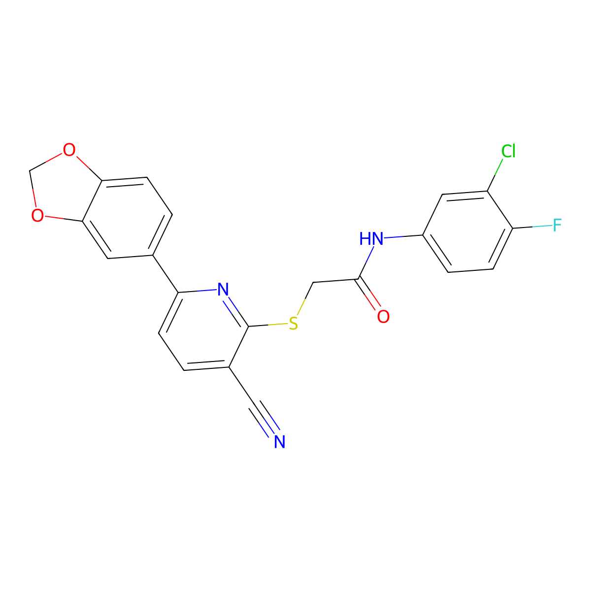 2-[6-(1,3-benzodioxol-5-yl)-3-cyanopyridin-2-yl]sulfanyl-N-(3-chloro-4-fluorophenyl)acetamide molecular structure, CAS 445380-99-4