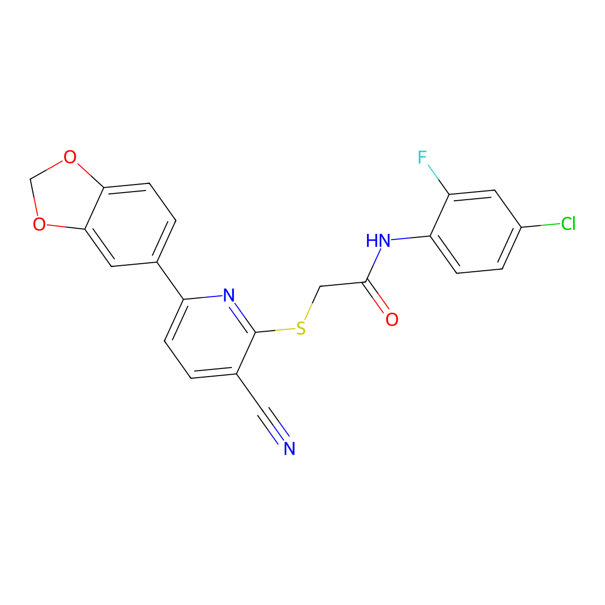 2-[6-(1,3-benzodioxol-5-yl)-3-cyanopyridin-2-yl]sulfanyl-N-(4-chloro-2-fluorophenyl)acetamide molecular structure, CAS 445381-01-1