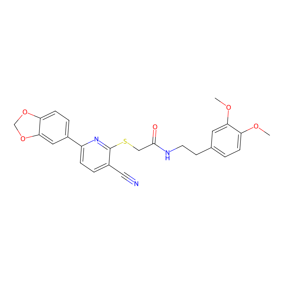 2-[6-(1,3-benzodioxol-5-yl)-3-cyanopyridin-2-yl]sulfanyl-N-[2-(3,4-dimethoxyphenyl)ethyl]acetamide molecular structure, CAS 445381-05-5