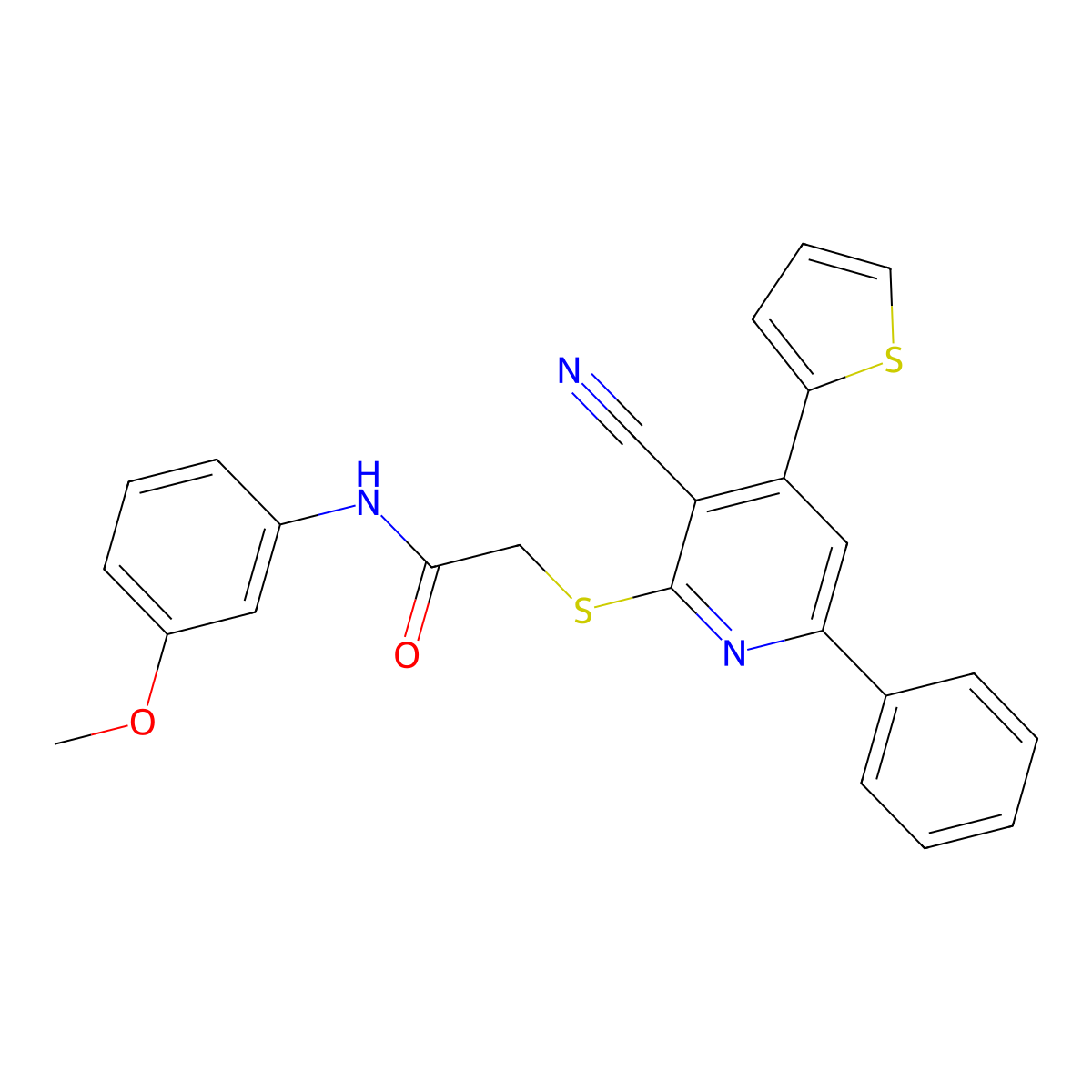 2-(3-cyano-6-phenyl-4-thiophen-2-ylpyridin-2-yl)sulfanyl-N-(3-methoxyphenyl)acetamide molecular structure, CAS 445381-12-4