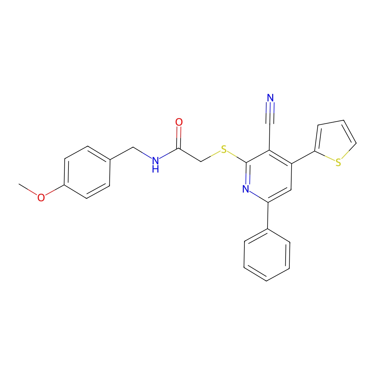 2-(3-cyano-6-phenyl-4-thiophen-2-ylpyridin-2-yl)sulfanyl-N-[(4-methoxyphenyl)methyl]acetamide molecular structure, CAS 445381-13-5