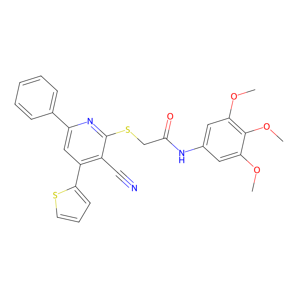 2-(3-cyano-6-phenyl-4-thiophen-2-ylpyridin-2-yl)sulfanyl-N-(3,4,5-trimethoxyphenyl)acetamide molecular structure, CAS 445381-14-6