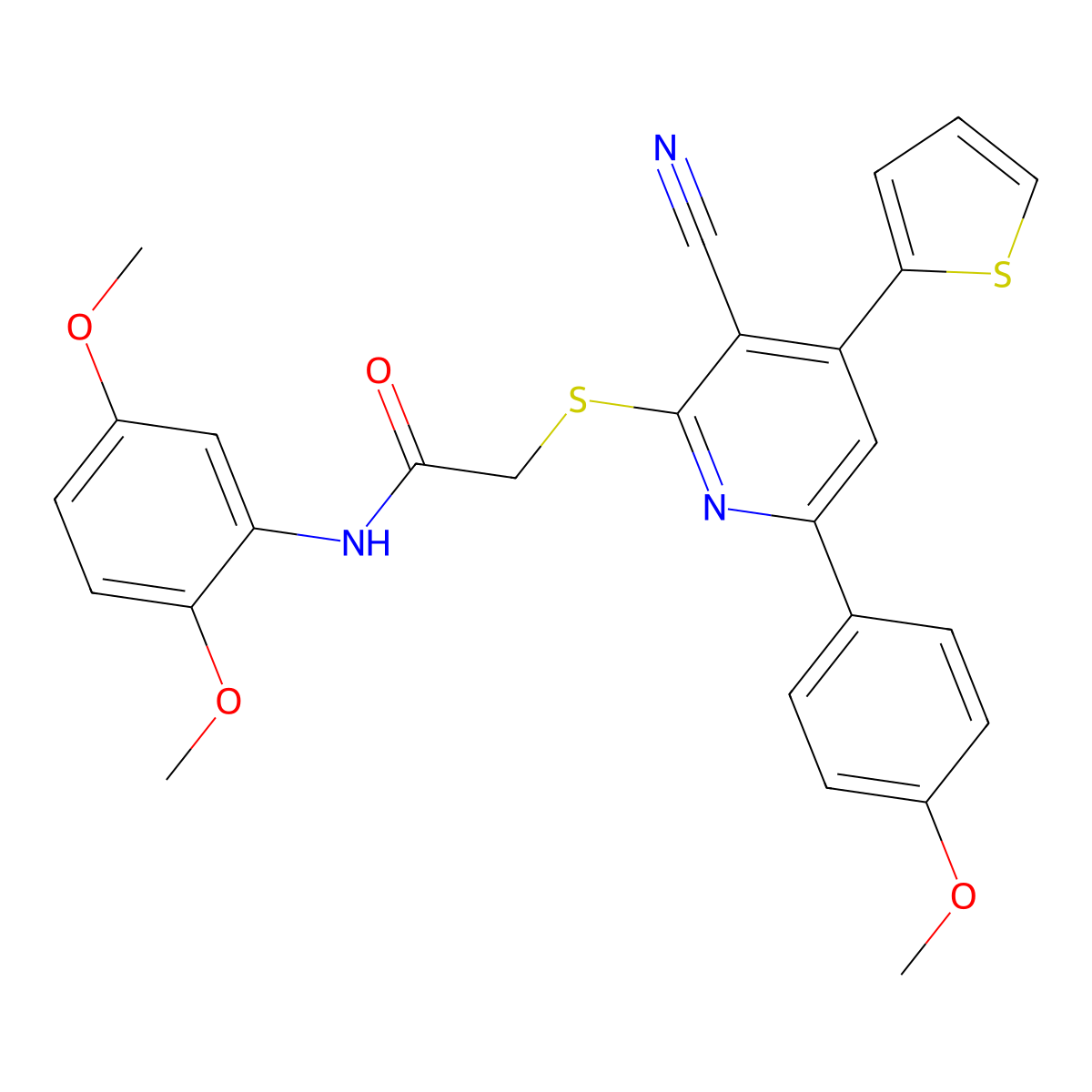 2-[3-cyano-6-(4-methoxyphenyl)-4-thiophen-2-ylpyridin-2-yl]sulfanyl-N-(2,5-dimethoxyphenyl)acetamide molecular structure, CAS 445381-21-5