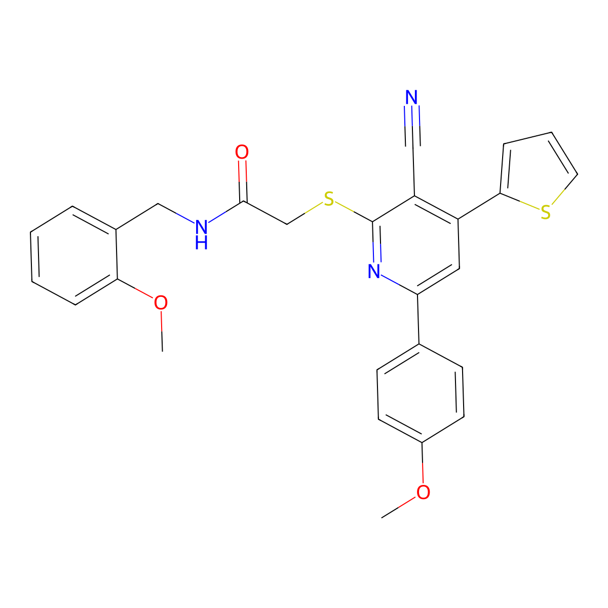 2-[3-cyano-6-(4-methoxyphenyl)-4-thiophen-2-ylpyridin-2-yl]sulfanyl-N-[(2-methoxyphenyl)methyl]acetamide molecular structure, CAS 445381-22-6